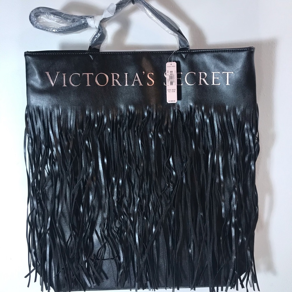 Victoria’s Secret Black Faux Leather Fringe Tote